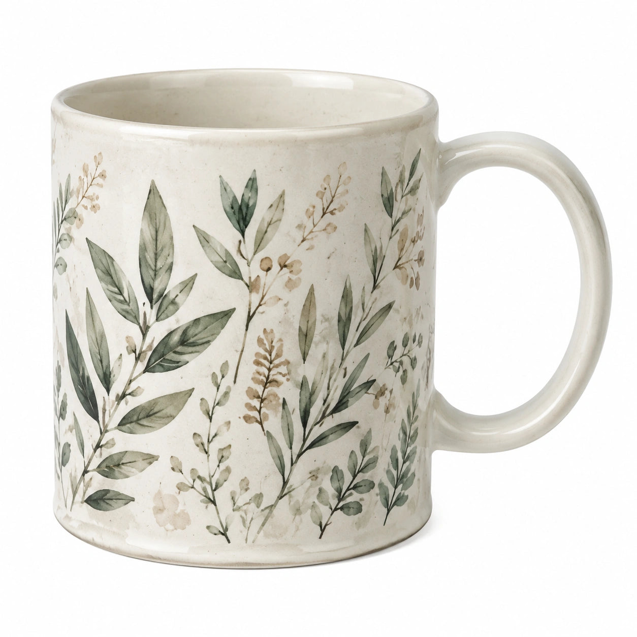 Keramikbecher mit Pflanzenmotiv 350 ml Beige/Grün