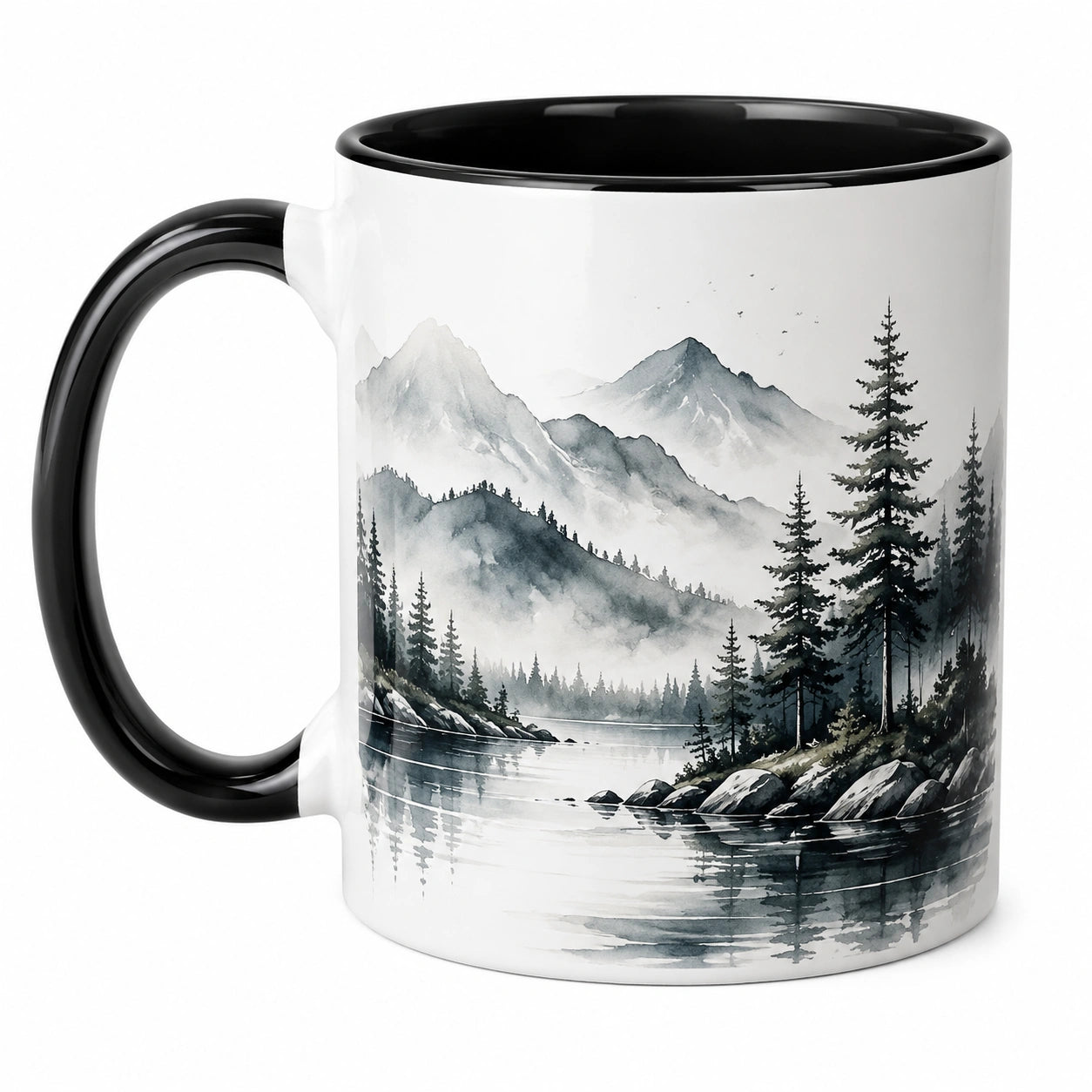 Tasse mit Wald- und Bergmotiven, 350ml, Schwarz/Weiß