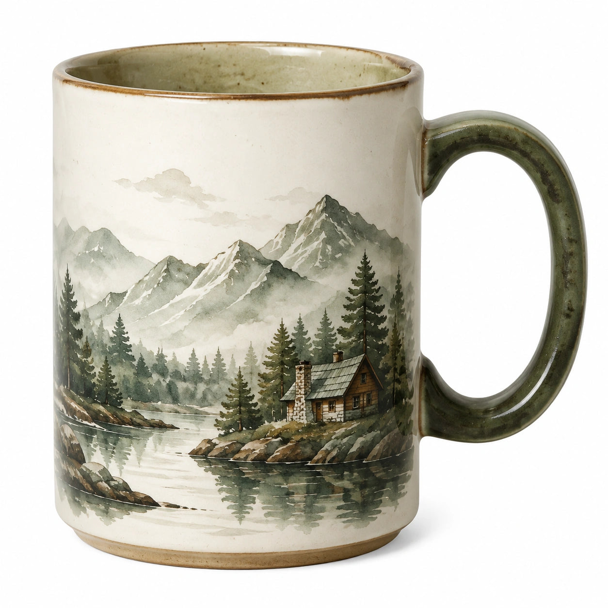 Keramiktasse 320ml mit Landschaftsmotiv in Creme/Grün