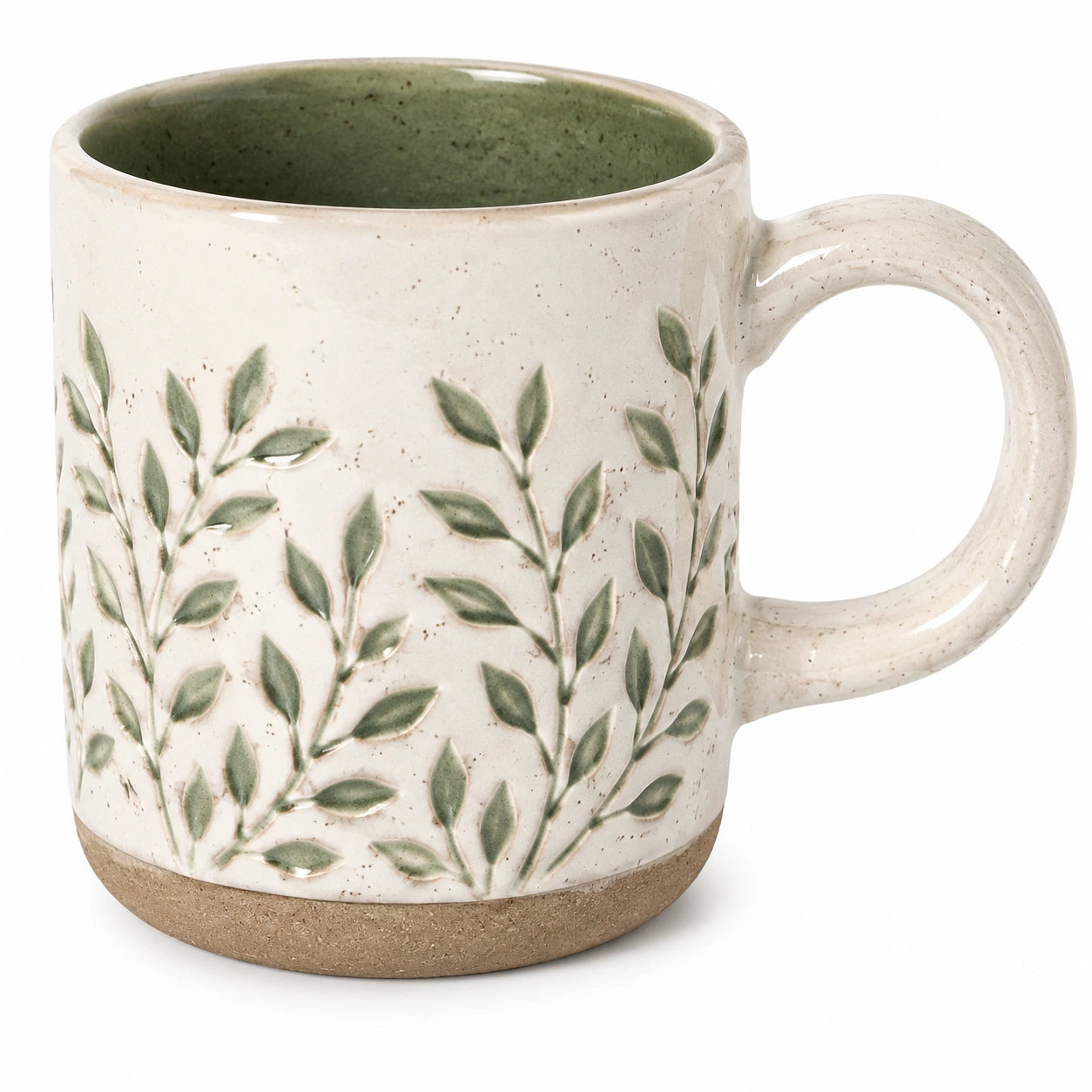 Keramiktasse mit Blattmuster 400ml Grün/Beige