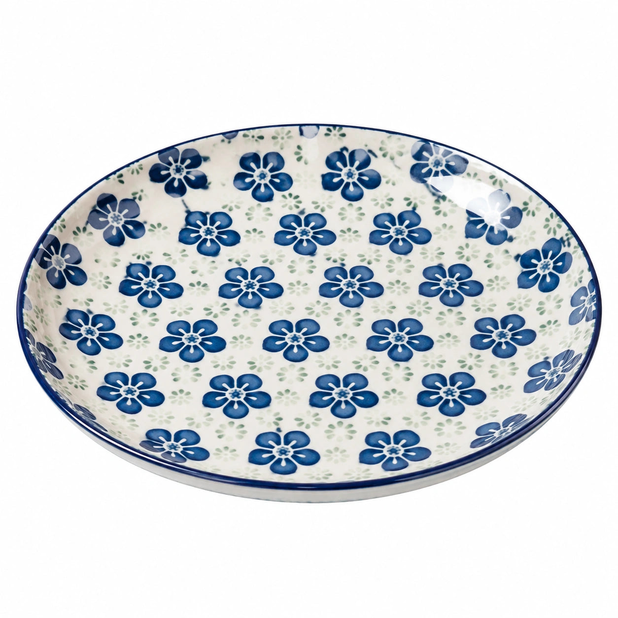 Runder Keramikteller mit blauem Blumenmuster 25cm