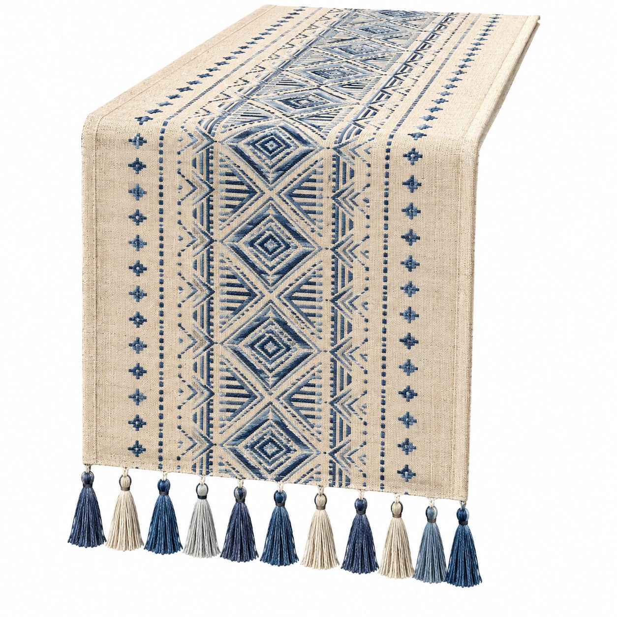 Boho Tischläufer Blau Beige mit Quasten, 180x33cm