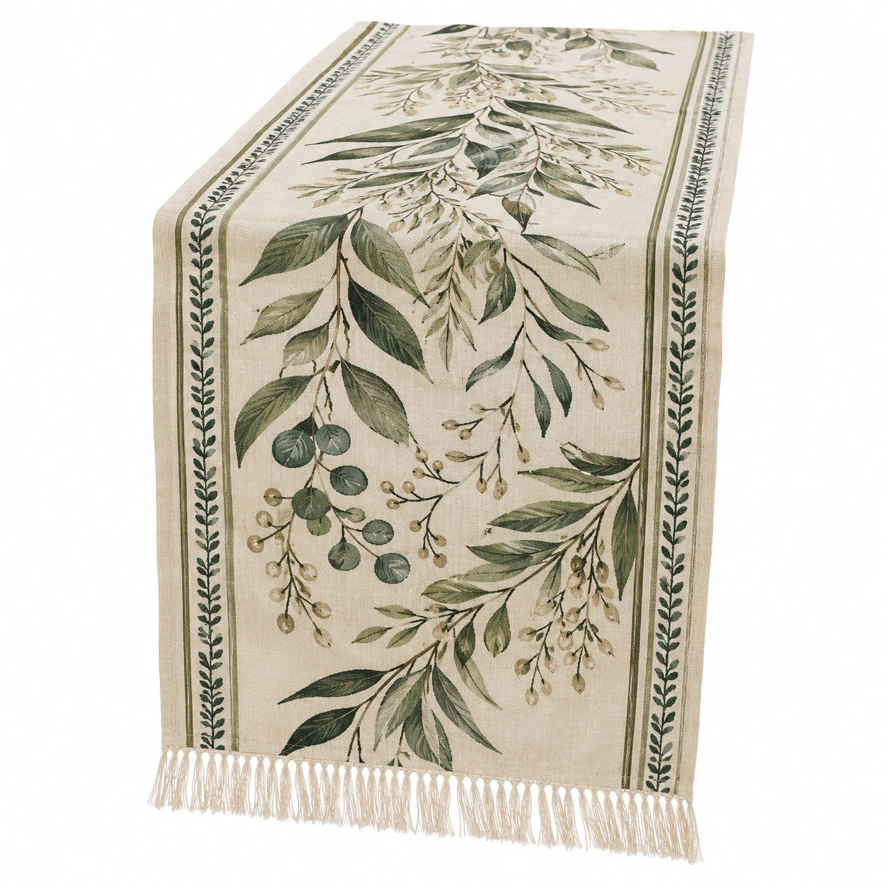 Tischläufer mit botanischem Design in Beige und Grün mit Fransen