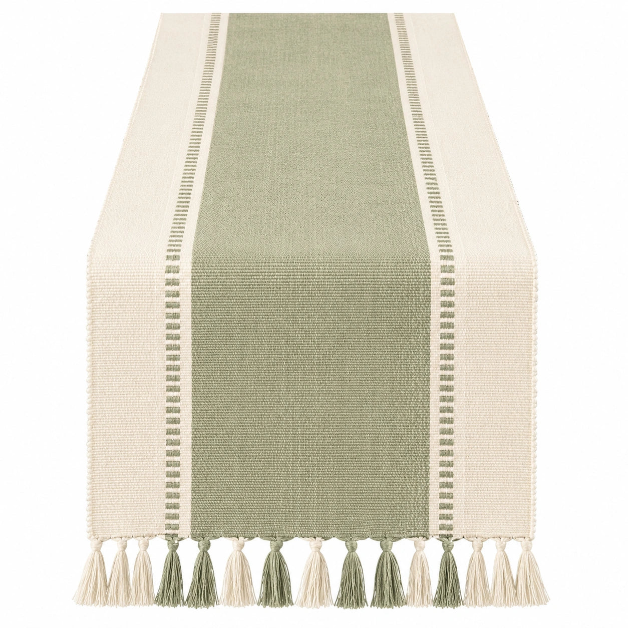 Tischläufer Grün Beige mit Quasten 180x30 cm
