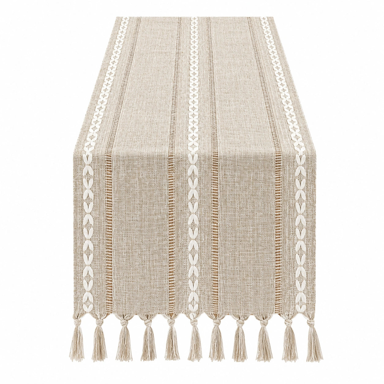 Beige Tischläufer mit Streifenmuster und Quasten, 150x33cm